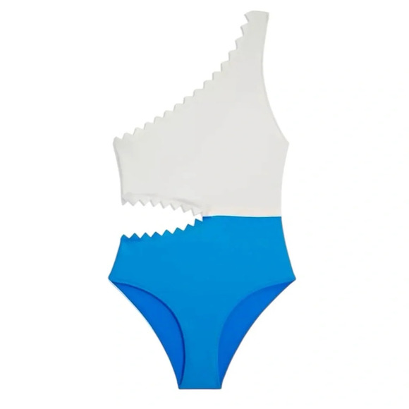 Onia Betty Cut Out One Shoulder One Piece Swimsuit Blue and White Size M NWT - Picture 4 of 11